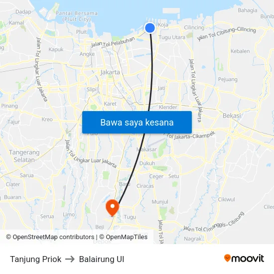 Tanjung Priok to Balairung UI map