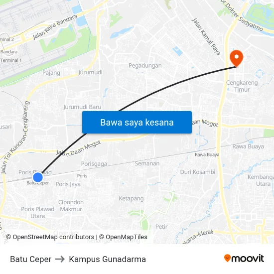 Batu Ceper to Kampus Gunadarma map