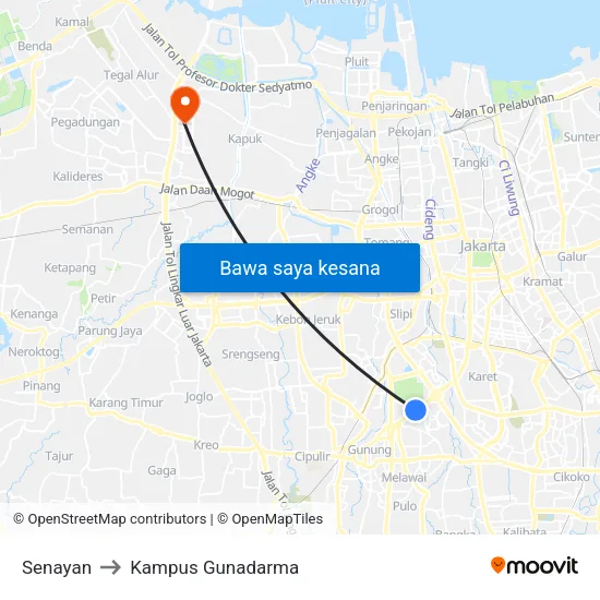 Senayan to Kampus Gunadarma map