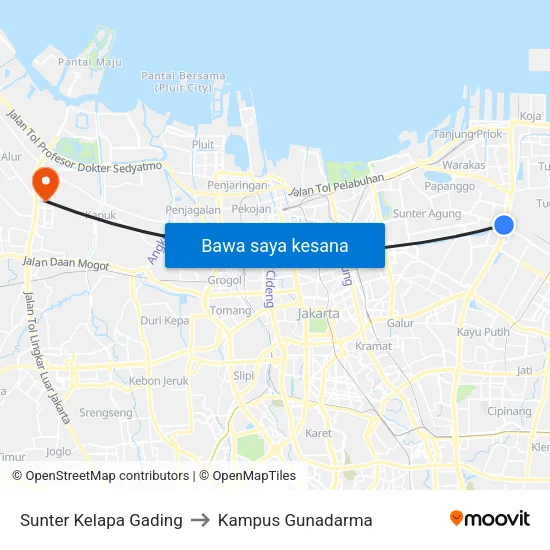 Sunter Kelapa Gading to Kampus Gunadarma map