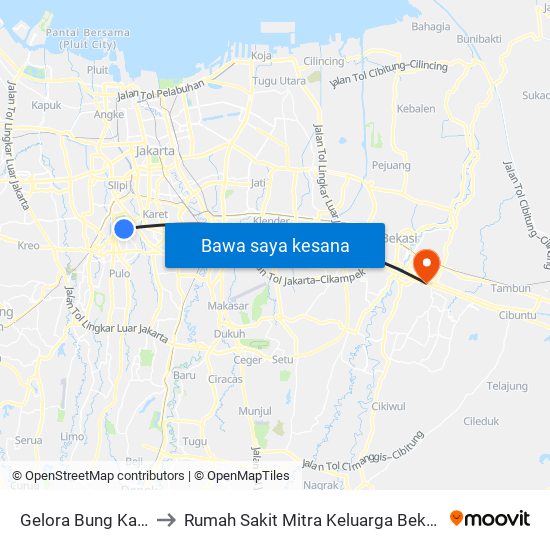 Gelora Bung Karno 2 to Rumah Sakit Mitra Keluarga Bekasi Timur map