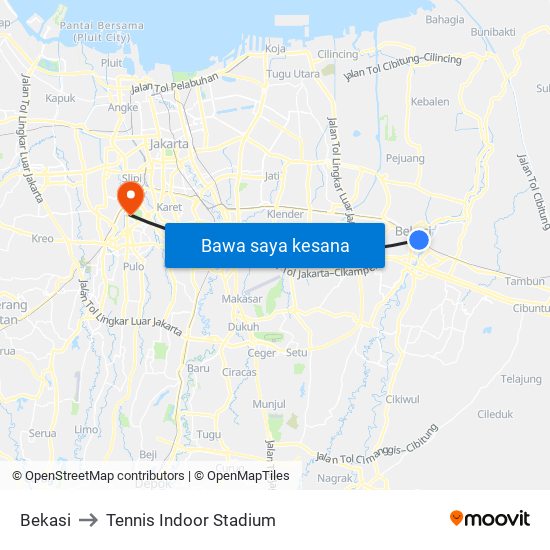 Bekasi to Tennis Indoor Stadium map