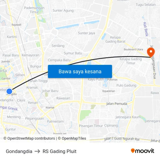 Gondangdia to RS Gading Pluit map