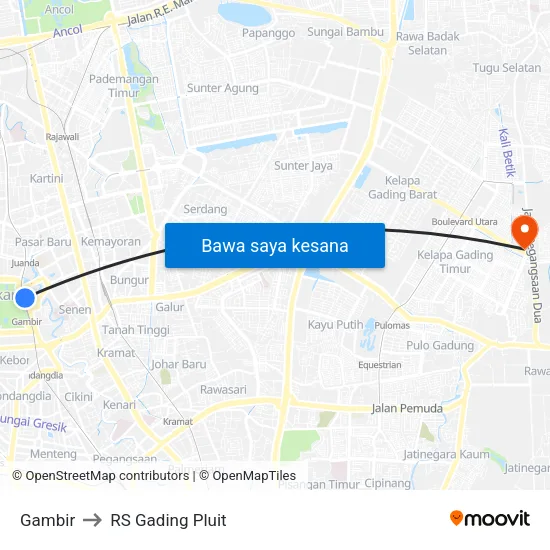 Gambir to RS Gading Pluit map