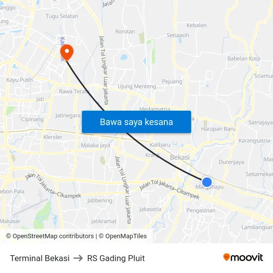 Terminal Bekasi to RS Gading Pluit map