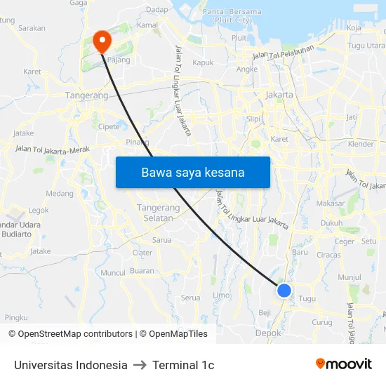 Universitas Indonesia to Terminal 1c map