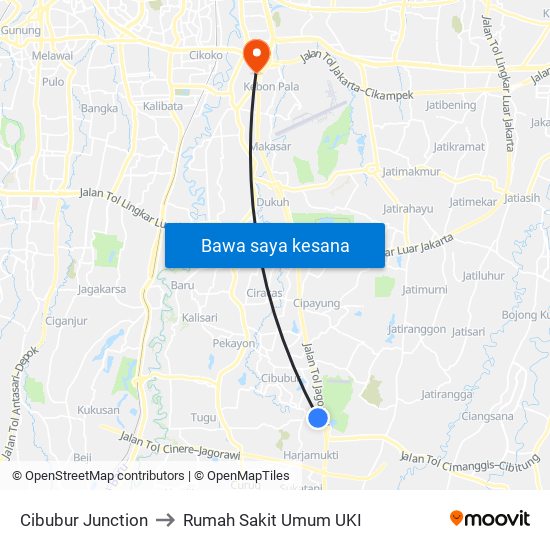 Cibubur Junction to Rumah Sakit Umum UKI map