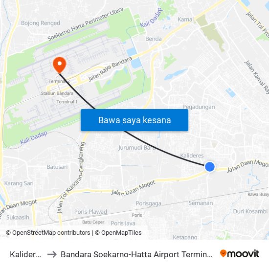 Kalideres to Bandara Soekarno-Hatta Airport Terminal 2 map