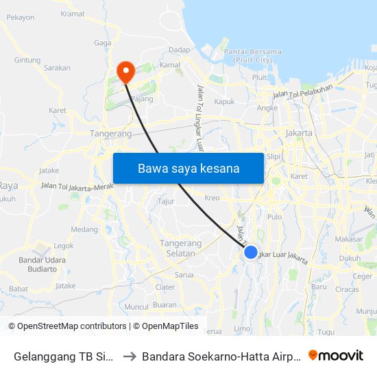 Gelanggang TB Simatupang to Bandara Soekarno-Hatta Airport Terminal 2 map