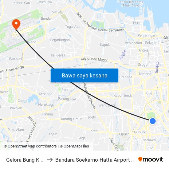 Gelora Bung Karno 2 to Bandara Soekarno-Hatta Airport Terminal 2 map