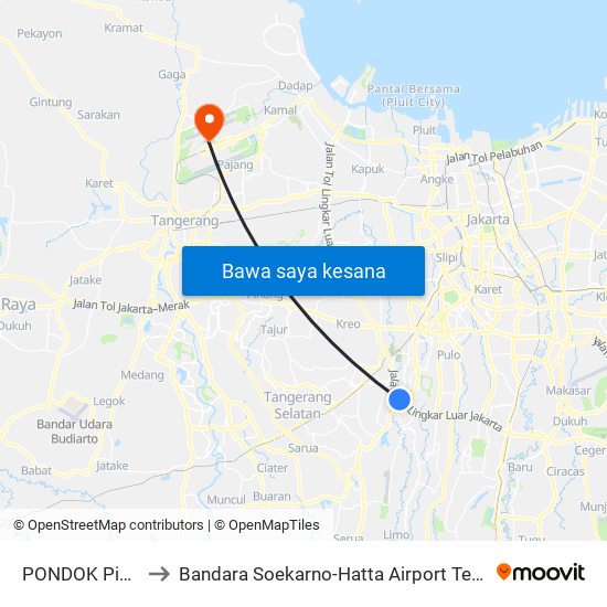 PONDOK Pinang to Bandara Soekarno-Hatta Airport Terminal 2 map