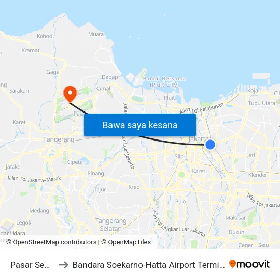 Pasar Senen to Bandara Soekarno-Hatta Airport Terminal 2 map