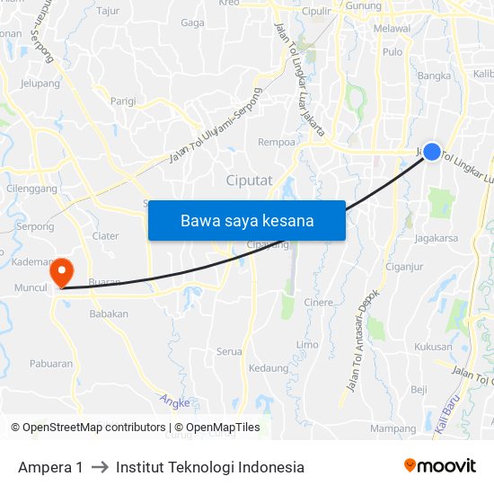 Ampera 1 to Institut Teknologi Indonesia map