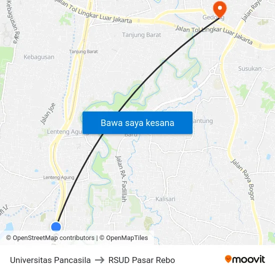 Universitas Pancasila to RSUD Pasar Rebo map
