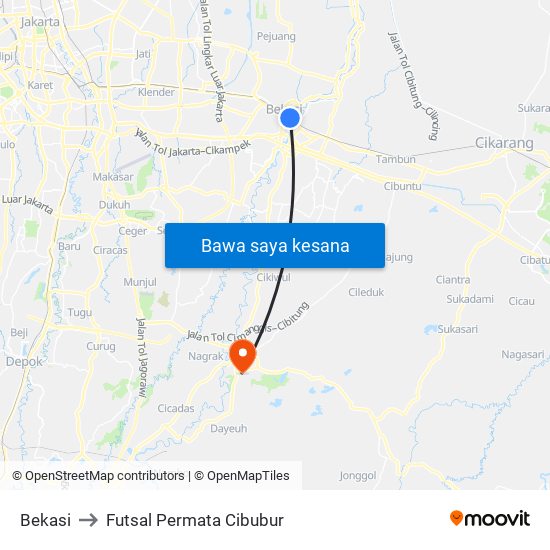 Bekasi to Futsal Permata Cibubur map