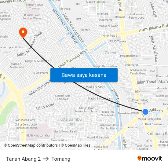 Tanah Abang 2 to Tomang map