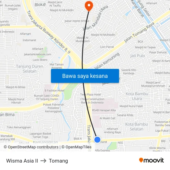 Wisma Asia II to Tomang map