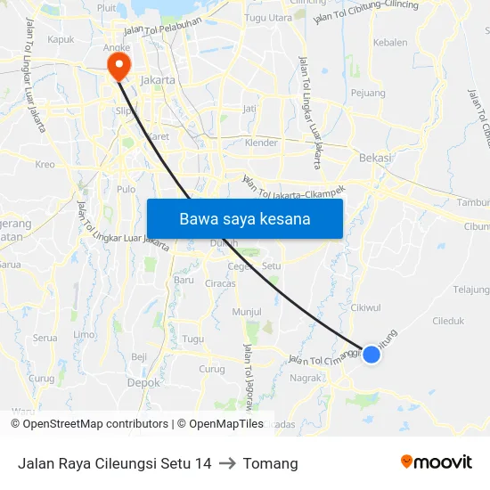 Jalan Raya Cileungsi Setu 14 to Tomang map