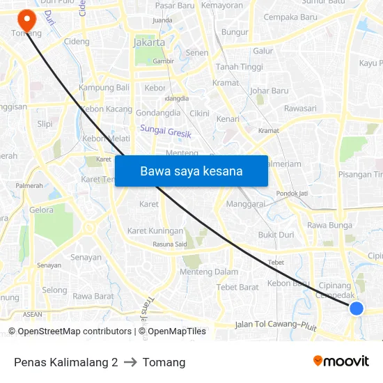 Penas Kalimalang 2 to Tomang map