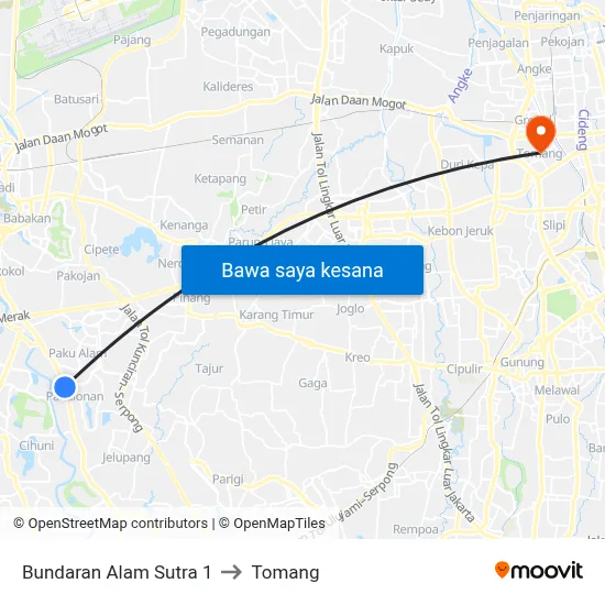 Bundaran Alam Sutra 1 to Tomang map