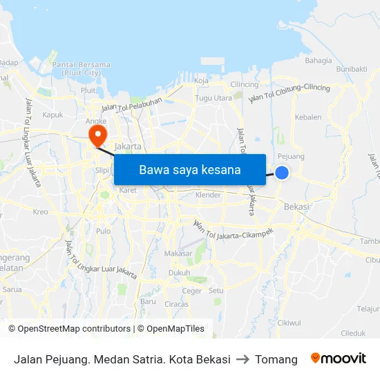 Jalan Pejuang. Medan Satria. Kota Bekasi to Tomang map