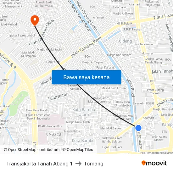 Transjakarta Tanah Abang 1 to Tomang map