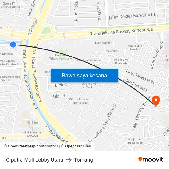 Ciputra Mall Lobby Utara to Tomang map