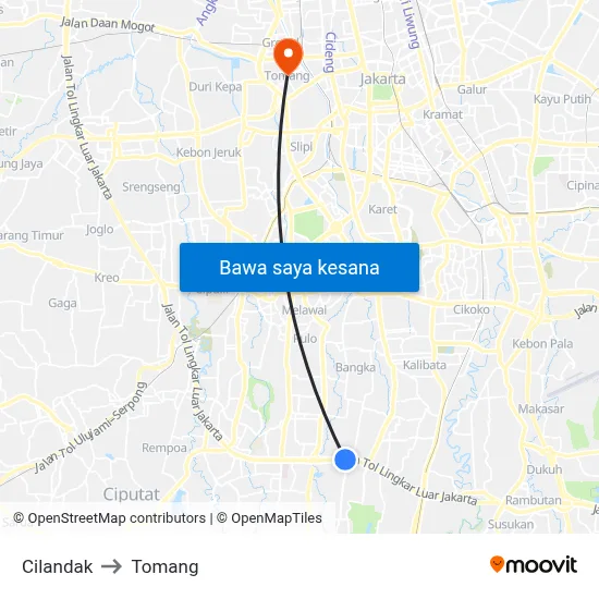 Cilandak to Tomang map