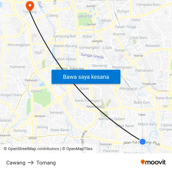 Cawang to Tomang map