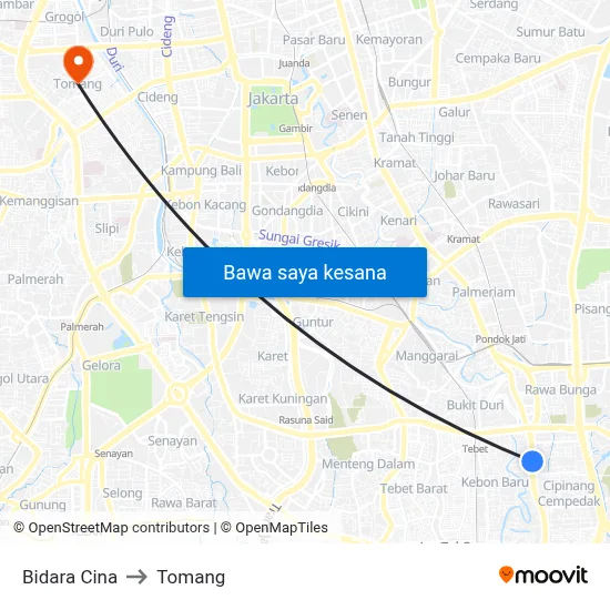 Bidara Cina to Tomang map
