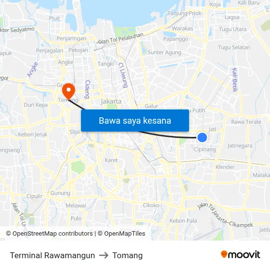 Terminal Rawamangun to Tomang map