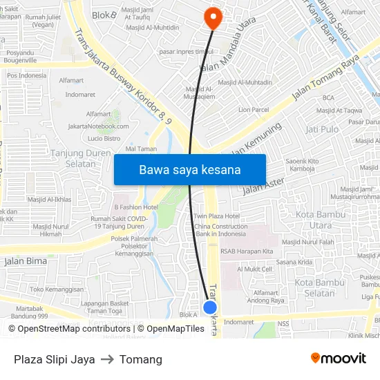 Plaza Slipi Jaya to Tomang map