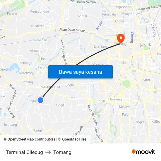 Terminal Ciledug to Tomang map