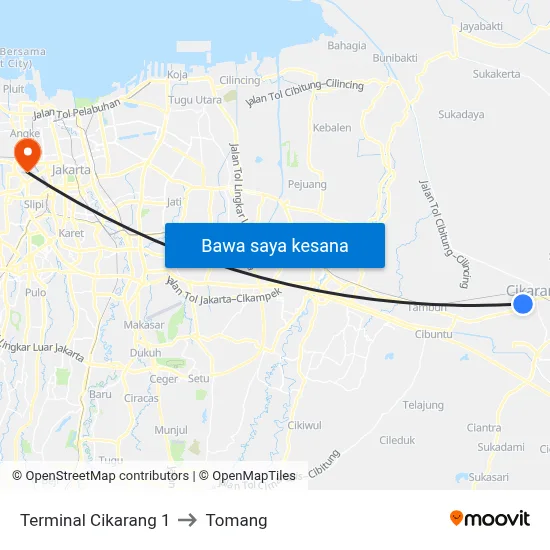Terminal Cikarang 1 to Tomang map