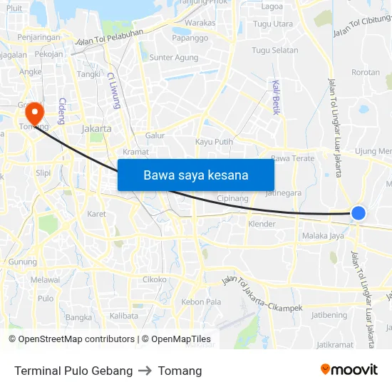 Terminal Pulo Gebang to Tomang map