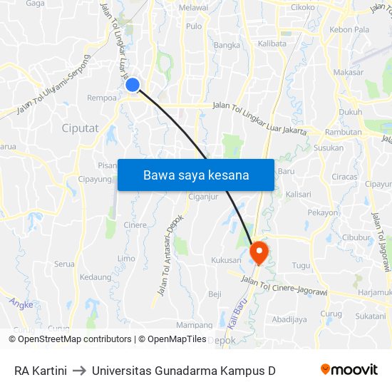 RA Kartini to Universitas Gunadarma Kampus D map