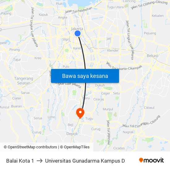 Balai Kota 1 to Universitas Gunadarma Kampus D map