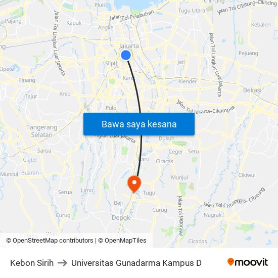 Kebon Sirih to Universitas Gunadarma Kampus D map