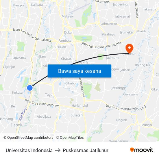 Universitas Indonesia to Puskesmas Jatiluhur map