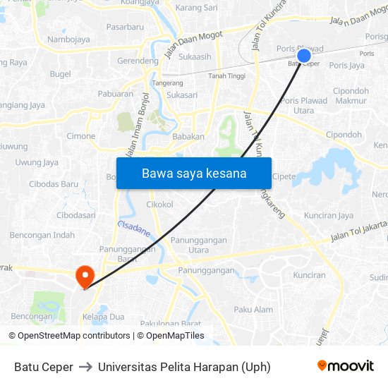 Batu Ceper to Universitas Pelita Harapan (Uph) map