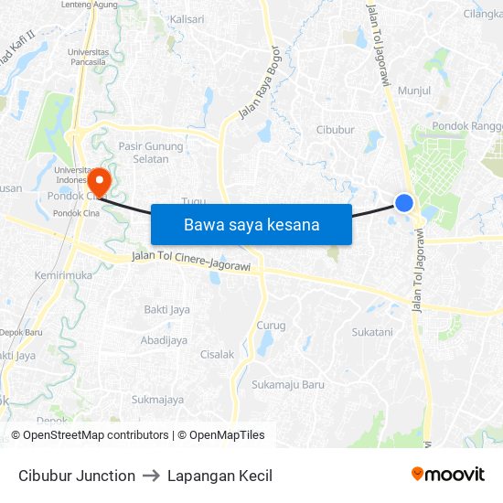 Cibubur Junction to Lapangan Kecil map