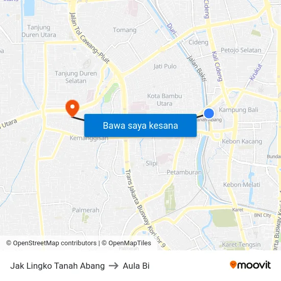 Jak Lingko Tanah Abang to Aula Bi map