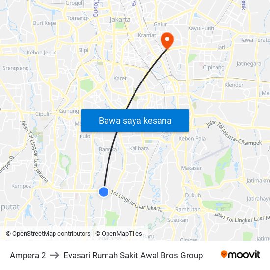 Ampera 2 to Evasari Rumah Sakit Awal Bros Group map