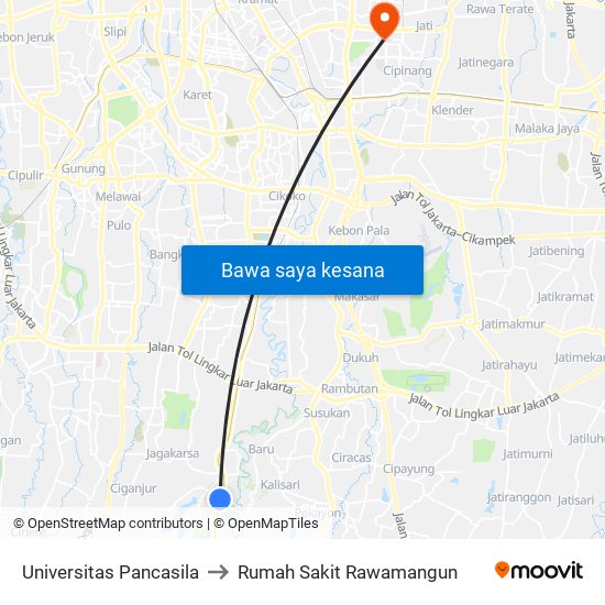 Universitas Pancasila to Rumah Sakit Rawamangun map