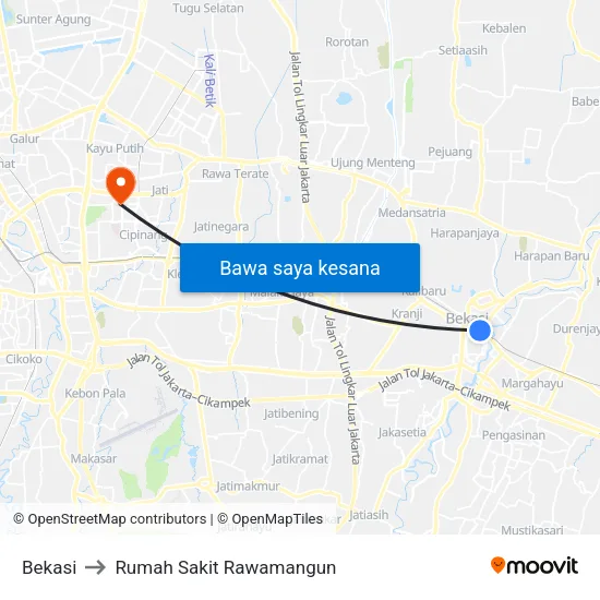 Bekasi to Rumah Sakit Rawamangun map