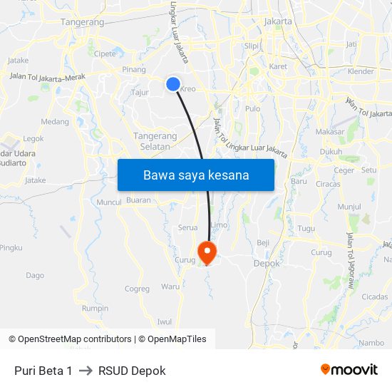 Puri Beta 1 to RSUD Depok map