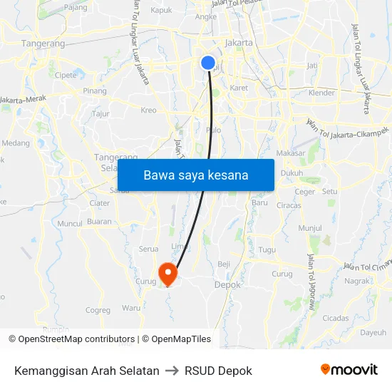 Kemanggisan Arah Selatan to RSUD Depok map