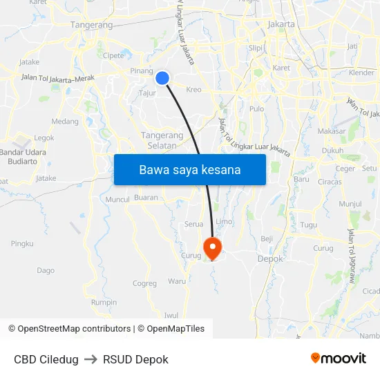 CBD Ciledug to RSUD Depok map