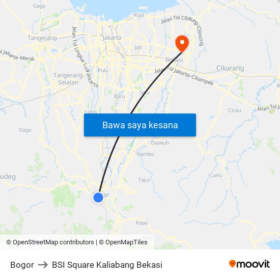 Bogor to BSI Square Kaliabang Bekasi map