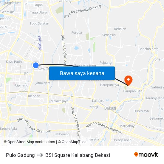 Pulo Gadung to BSI Square Kaliabang Bekasi map